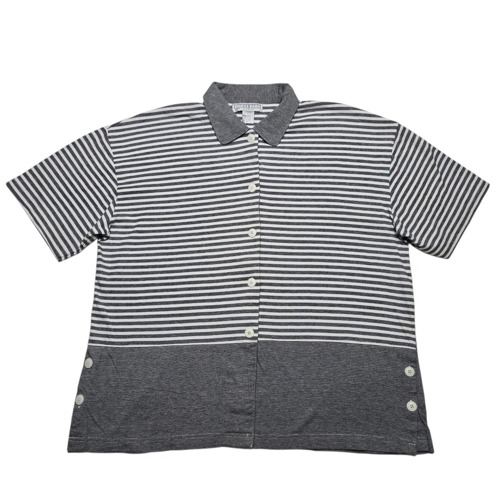 Dress Barn Shirt Womens 22-24 Gray Striped Colorblock Button Up Short Sleeve Top